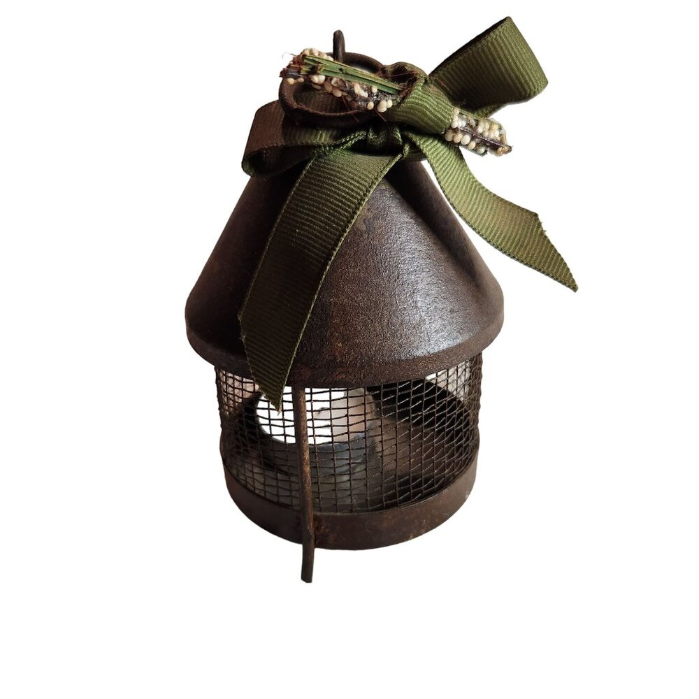 Antique Primitive Cricket Cage  With Green Ribbon Embellishment
